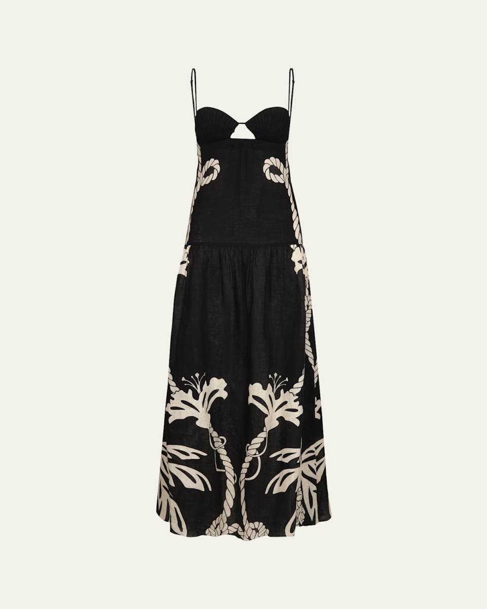 Enlightened Sailor Printed Sweetheart Linen Maxi Dress